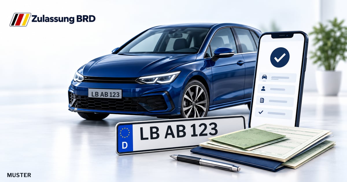 Online Fahrzeugzulassung in Schwieberdingen: Musterkennzeichen LB AB 123, Auto und Fahrzeugpapiere und Smartphone. Illustration mit Logo von Zulassung BRD.